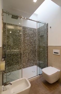 a bathroom with a glass shower door next to a white toilet and sink in it