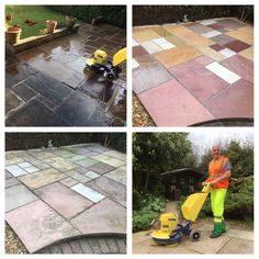 four different pictures showing various types of pavings and how to use them in the garden