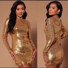 two photos of a woman in gold sequins and one is wearing an open back dress