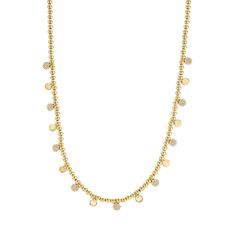 14k Gold Bead and Diamond Disc Drop Necklace | Lee Michaels Fine Jewelry - Lee Michaels Fine Jewelry Gift Wrapping Shop, 14k Yellow Gold Necklace, Gold Disc, Diamond Drops, Drop Necklace, Gold Beads, Pave Diamonds, Mississippi, New Mexico