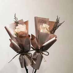 two roses are wrapped in brown paper and tied with twine on the end, sitting next to each other