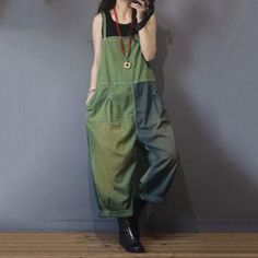 Color Block Overalls, Fairy Grunge Overalls, Casual Green Jumpsuits And Rompers For Work, Casual Green Jumpsuits For Workwear, Casual Patchwork Jumpsuits And Rompers For Spring, Green Fall Overalls With Pockets, Casual Green Cotton Jumpsuits And Rompers, Casual Patchwork Jumpsuits And Rompers For Fall, Trendy Green Overalls With Pockets