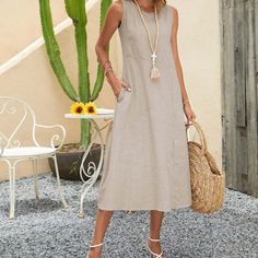 New With Tags, Size Medium Casual Sleeveless Shift Maxi Dress, Casual Beige Sleeveless Beach Dress, Casual Beige Sleeveless Dress For Beach, Casual Beige Sleeveless Dress, Spring Sleeveless Shift Maxi Dress, Sleeveless Shift Maxi Dress For Spring, Sleeveless Shift Midi Dress For Summer, Sleeveless Beach Dress With Pockets, Shift Sleeveless Midi Dress For Summer