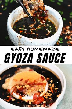 easy homemade gyoza sauce in a white bowl with text overlay that reads easy homemade gyoza sauce