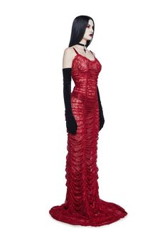 Allure them into your trap while wearing this maxi dress that has a sheer floral lace construction, ruching, ribbon shoulder straps, and an eyelash lace trim. Red Lace Slip Dress, Red Lace Trim Formal Dress, Red Lace Lingerie Dress, Gothic Red Dress With Lace Trim, Red Embellished Floor-length Maxi Dress, Ruched Maxi Dress, Lace Maxi, Halloween Sale, Halloween Items