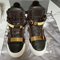 Used But Well Kept In Original Box With The Original Receipt From Store Designer Leather Party Sneakers, Gold Leather Party Sneakers, Luxury Gold Sneakers For Party, Elegant Leather Sneakers For Party, Luxury Party Sneakers, Giuseppe Zanotti Sneakers, Zanotti Shoes, Giuseppe Zanotti Shoes, White Leather Sneakers