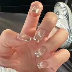 Cat Eye Press on Nails Short Square BAOYAALIN French Fake Nails with Glitter ... Nail Ideas Oval, Nail Ideas Stiletto, Oval Nail Ideas, Neon Glow Nails, Stiletto Nail Ideas, Nail Designs Square, Squoval Acrylic Nails, Square Nail Ideas, Mermaid Nail Art