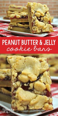 peanut butter and jelly cookie bars stacked on top of each other with the title above it