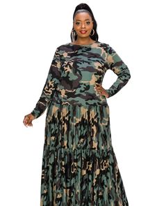 Silvestra Camo Tiered Maxi Dress | Olive Taupe Maxi Dress With Long Sleeves, Camo Dress, Mini Skater Dress, Dress With Long Sleeves, Stylish Plus, Tiered Maxi Dress, Mini Shift Dress, Tiered Dress, Camo Print