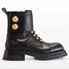 New In Box. Women’s Size 36.5. Balmain Calfskin Button Cuff Ranger Boots. In The Color Black With Gold. Originally $1,495. Balmain Smooth Calfskin Leather Ranger Booties 1.25 In / 30 Mm Chunky Heel Round Toe Lace-Up Vamp Logo Button Cuff At Collar Side Zip Eases Dress Lugged Rubber Outsole Please Note - There Are Some Scuffs/Scratches From Being Tried On Puma Boots, Balmain Boots, Ranger Boots, Balmain Shoes, Ankle Combat Boots, Ranger Boot, Black Leather Combat Boots, Black Combat Boots, Boot Straps