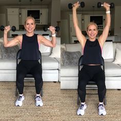 two women are doing exercises with dumbbells in front of a couch and one is sitting on a chair