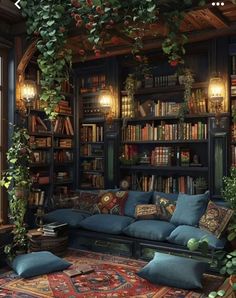 a living room filled with lots of bookshelves covered in plants and furniture next to a window