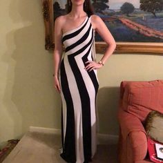 Floor-Length, Beautiful Hugging Black/White Striped Evening Gown, With One Beaded Strap, And Chiffon Shoulder Train, Says Size 4 But Fits More Like A 2. Does Have A Small Stain Under The Left Armpit From Makeup - Not Visible From The Outside While Wearing (See Up Close Photo) Measurements: 55” From Right Underarm 62” From Top Of Single Strap 24” Waist 30” Bust About 9” From Left Underarm To Waist Chic White Full-length Dress, White Full-length Maxi Dress For Formal Occasions, White Full-length Evening Dress, White Full Length Evening Dress, Chic White One-shoulder Gown, White One-shoulder Evening Maxi Dress, White One-shoulder Fitted Gown, White One Shoulder Evening Maxi Dress, Fitted One-shoulder White Gown