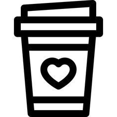 a coffee cup with a heart on the top and bottom, in black and white