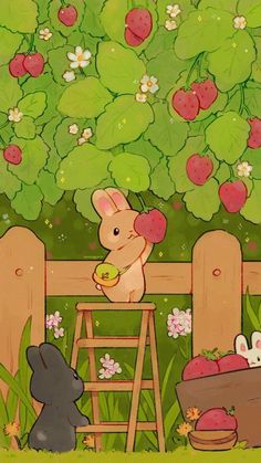 a painting of two rabbits eating strawberries in front of a wooden fence and apple tree