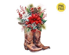 a pair of cowboy boots with flowers and pine cones on the inside, painted in watercolor