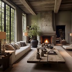 a living room filled with furniture and a fire place in the middle of two windows