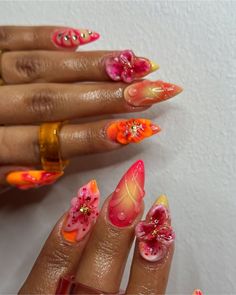 Tropical Flower Nails, Tropical Nails, Claw Nails, Cute Acrylic Nail Designs, Gem Nails, Fire Nails