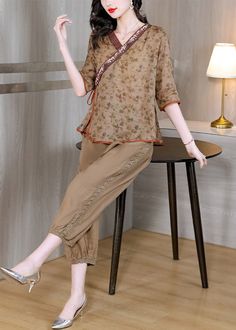 New Retro Khaki V Neck Tops And Pants Linen Two Pieces Set SummerFabric: Cotton 45%, Linen 55%Size & Fit: Fit: This garment fits true to size.Length: Size 2XL measures 24.18"from shoulder to hemBust: Great for any cup size. Waist: Loose Fit. Comfortable room throughout midsection.Hip: Loose Fit - room for hips. Hand Wash Cold. Linen Two Piece Set, Two Piece Sets Summer, Pants Linen, New Retro, Comfortable Room, Summer Fabrics, Cup Size, Two Piece Sets, Linen Pants