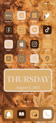 an iphone screen with autumn leaves on it and the text, thursday august 5,