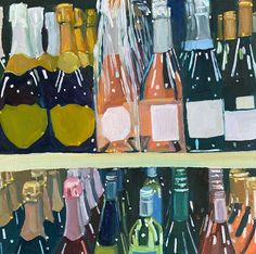 an oil painting of wine bottles on shelves