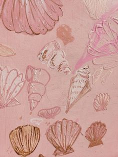 pink and gold seashells painted on canvas