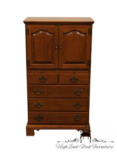 a wooden dresser with two doors and drawers on the bottom shelf, against a white background