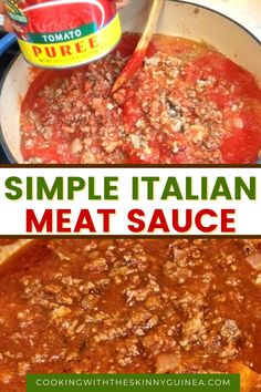 a pot filled with meat sauce next to an image of a can of tomato sauce