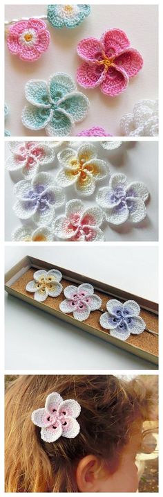 crochet flower hair clips are shown in three different colors and sizes, along with the same pattern