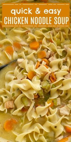 chicken noodle soup with carrots, celery and noodles in a bowl