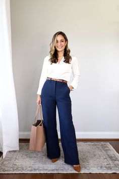 Casual Work Outfits Navy Pants, Business Casual Outfits Navy Pants, Navy Blue And Tan Outfit, Blue Office Outfits Women, Blue Pants Work Outfit, Slacks Outfit Formal, Navy Wide Leg Pants Outfit, Blue Dress Pants Outfit, Lawyer Outfits Women