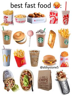 many different types of fast food and drinks