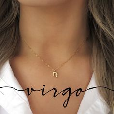 "Celebrate your inner Virgo with this dainty little zodiac necklace! Virgo dates are August 23 - September 22! Shop more zodiac & birthstone gifts » https://www.etsy.com/shop/LandonLacey?ref=seller-platform-mcnav&section_id=24978022 Love LLJ? Sign up for my newsletter for exclusive updates and deals! » www.eepurl.com/cwyDmn it's in the DETAILS . . . » Brazilian gold filled chain » Comes with a 2\" extender » Gold plated zodiac charm with anti-tarnish finish » The model is wearing this necklace a Virgo Gold Necklace, Gold Virgo Necklace, Dainty Zodiac Sign Pendant Necklace, Virgo Jewelry, Libra Jewelry, Libra Pendant, Gold Zodiac Sign Initial Pendant Jewelry, Virgo Pendant, Virgo Gifts