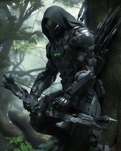 a futuristic man with green eyes holding a bow and arrow in front of a tree