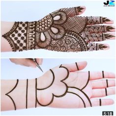 two hands with henna designs on them, one is showing the design and the other has