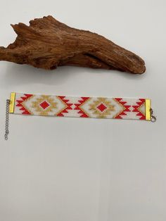 7 to 8 inch Native American Southwestern Bracelet. Made with beautiful high quality Delica Japanese beads. White, salmon and gold beads. Red Bohemian Bracelets With Gold Beads, Yellow Bohemian Bracelets With Gold Beads, Adjustable Southwestern Gold Bracelets, Southwestern Adjustable Gold Bracelets, Japanese Beads, South West, Gold Beads, Arm Band, Nativity