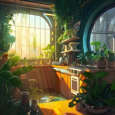 a kitchen filled with lots of potted plants