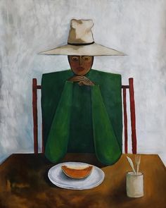 a painting of a person sitting at a table