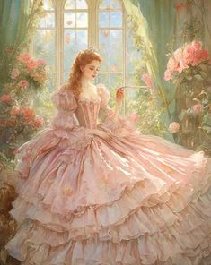 a painting of a woman in a pink dress sitting on a window sill with roses