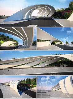 an architectural rendering of a bridge with multiple curves and arches in the center, along with several different views of it