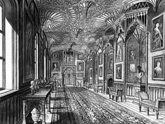 an old drawing of a large room with lots of windows