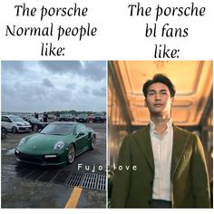 two pictures one with a man in a suit and the other with a green sports car