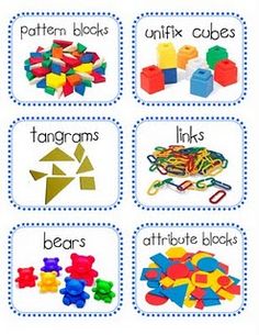 four different types of toys are shown in this poster with the words, colors and shapes