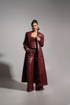 Fall Editorial Photoshoot Studio, Maroon Leather Outfit, Long Red Leather Coat, Long Red Leather Jacket, Monochromatic Burgundy Outfit, Burgundy Leather Coat, Fall Burgundy Outfit, Cool Leather Jackets, Cherry Red Leather Jacket