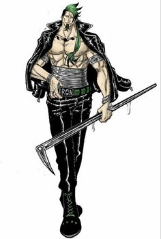 a drawing of a man with green hair holding two swords and wearing black leather pants