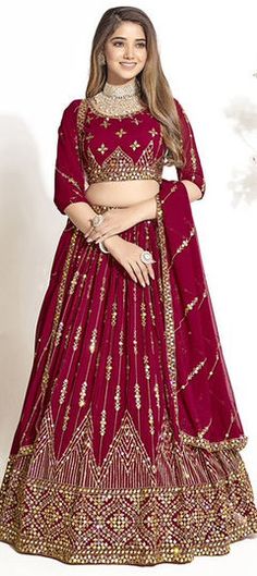 Red and Maroon color Lehenga in Georgette fabric with Sequence, Thread work Wedding Red, Wedding Lehenga, Georgette Fabric, Thread Work, Maroon Color, Red Wedding, Bridal Wedding, Lehenga, Thread