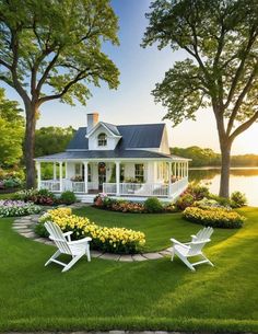 a white house sitting on top of a lush green field next to flowers and trees