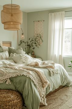 a bedroom with a large bed and wicker baskets on the floor next to it