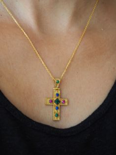 Gold Orthodox Byzantine cross, Ancient Greek cross, Cross talisman made of 925 silver, Gold plated greek pendant, Orthodox Greek Cross, Byzantine jewelry Ruby Emerald Sapphire, Size : 20mmwidth x 35 mm long (measured from the top of the bale to the bottom) Material:High quality double gold 24k plated over sterling silver with ruby emerald sapphire zircons which are the basic colours of Byzantine jewelry This gorgeous gold cross is inspired by The Byzantine period. A unique piece to hold forever Byzantine Cross Necklace With Engraving, Byzantine Hallmarked Cross Jewelry, Byzantine Crucifix Necklace As A Gift, Byzantine Cross Jewelry, Byzantine Cross Pendant Necklace As Gift, Byzantine Style Cross Pendant Necklace As Gift, Byzantine Cross Pendant Necklace For Gift, Byzantine Style Cross Pendant Necklace For Gift, Byzantine Cross Necklace