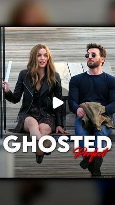 a man and woman sitting on a bench with the words ghosted in front of them